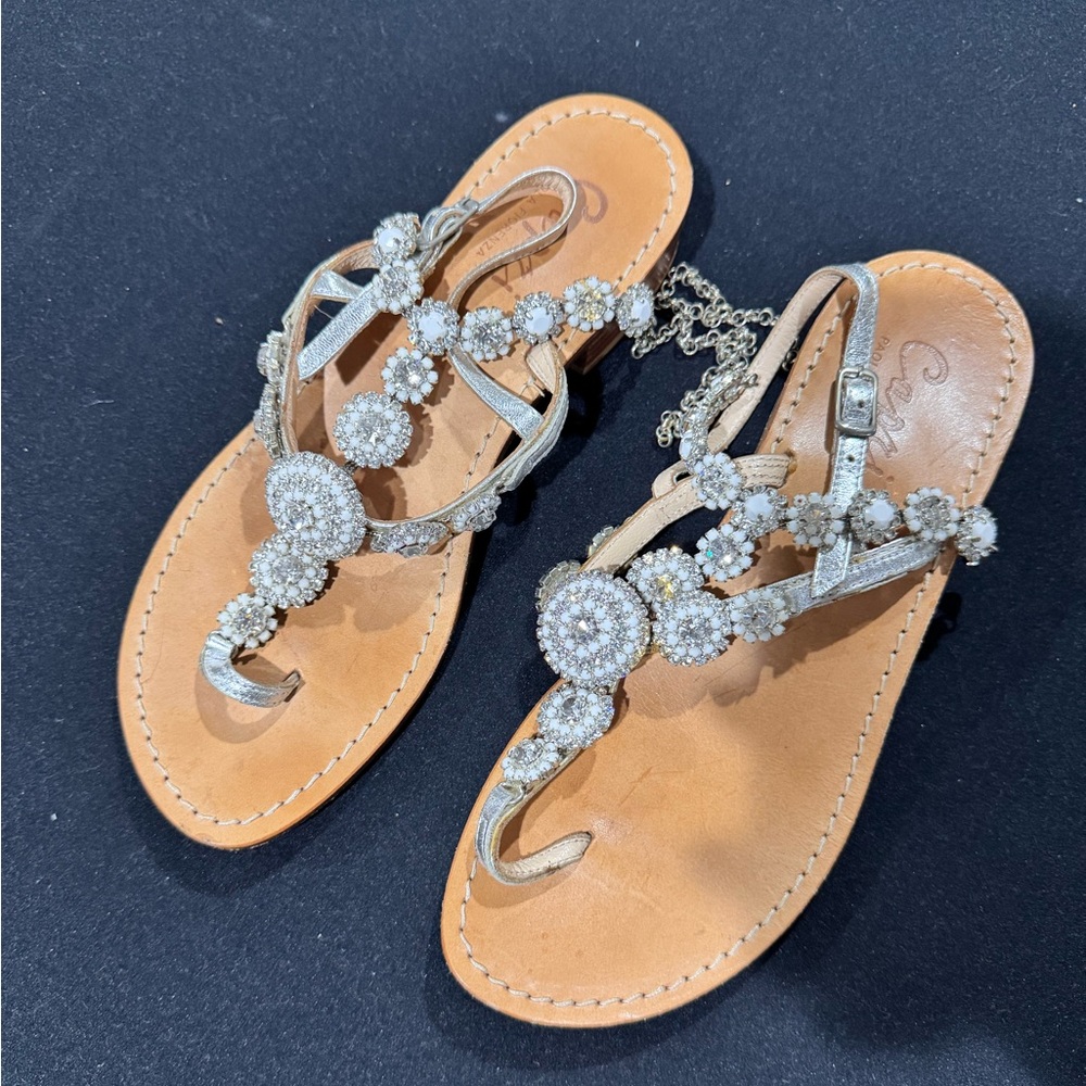 Italian Elegant Tan Sandals with Crystal Accents